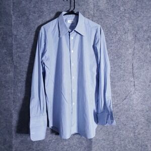 Ascot Chang Dress Shirt Mens Large Blue White Stripe French Cuff Fine Cotton 16